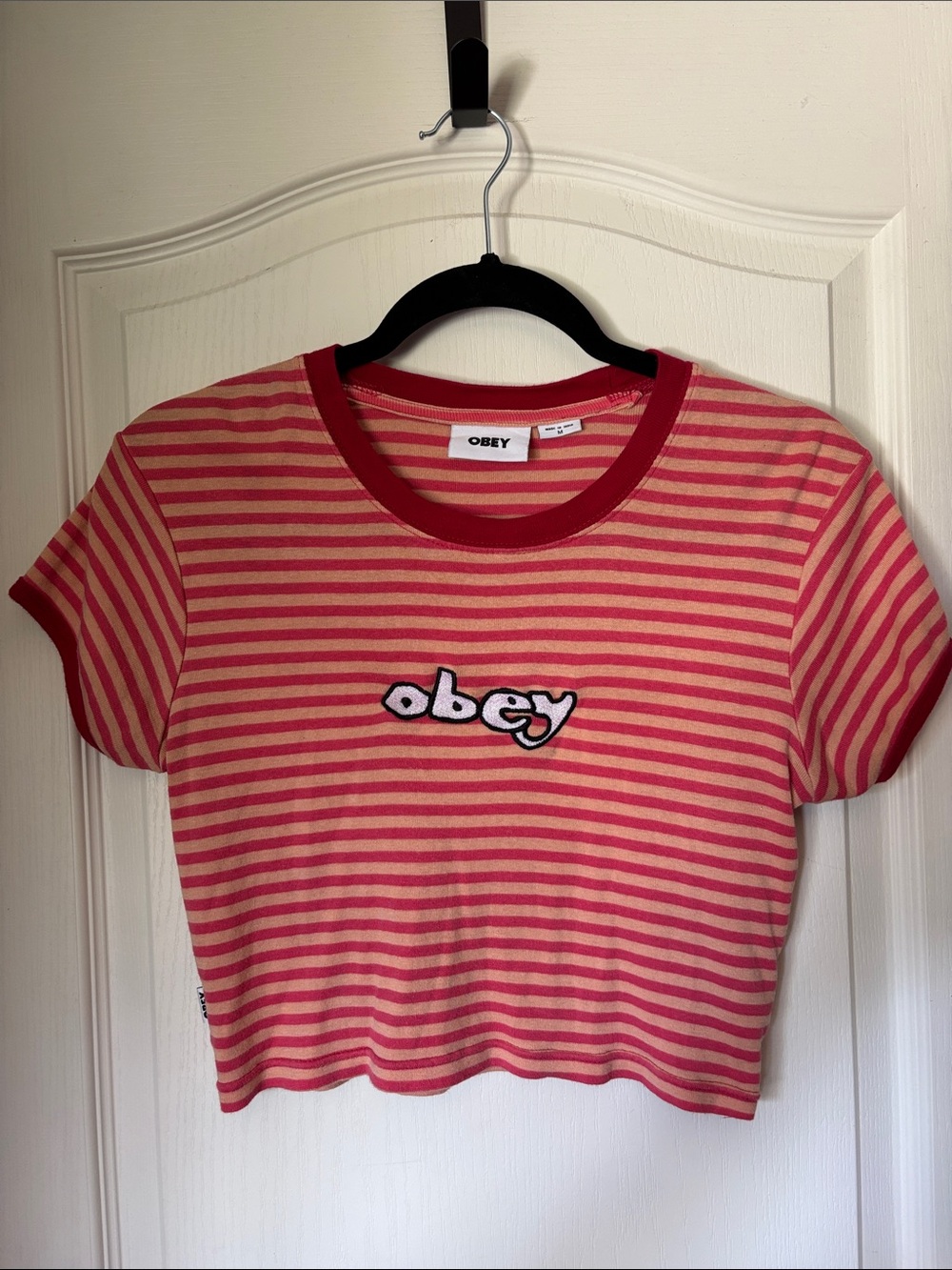 Obey Red & Pink Striped Crewneck Crop Tee